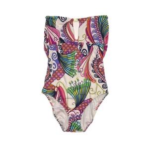 Trina Turk Strapless One Piece Peacock Swimsuit, size 6